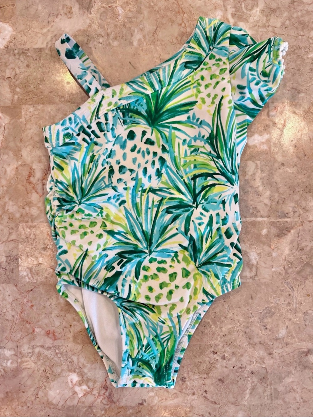 Janie and Jack Green Tropical One-Shoulder Girls Swimsuit